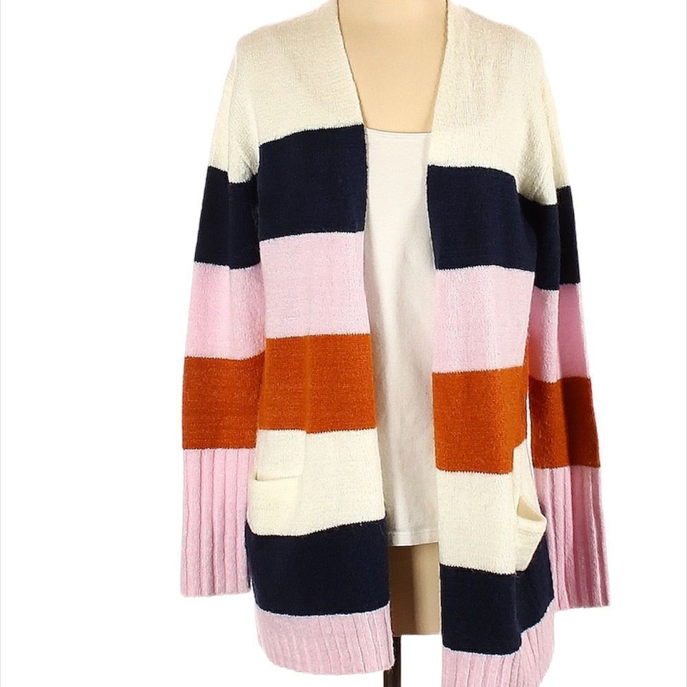 Caslon Color Block Striped Open Front Wool blend Cardigan Sweater